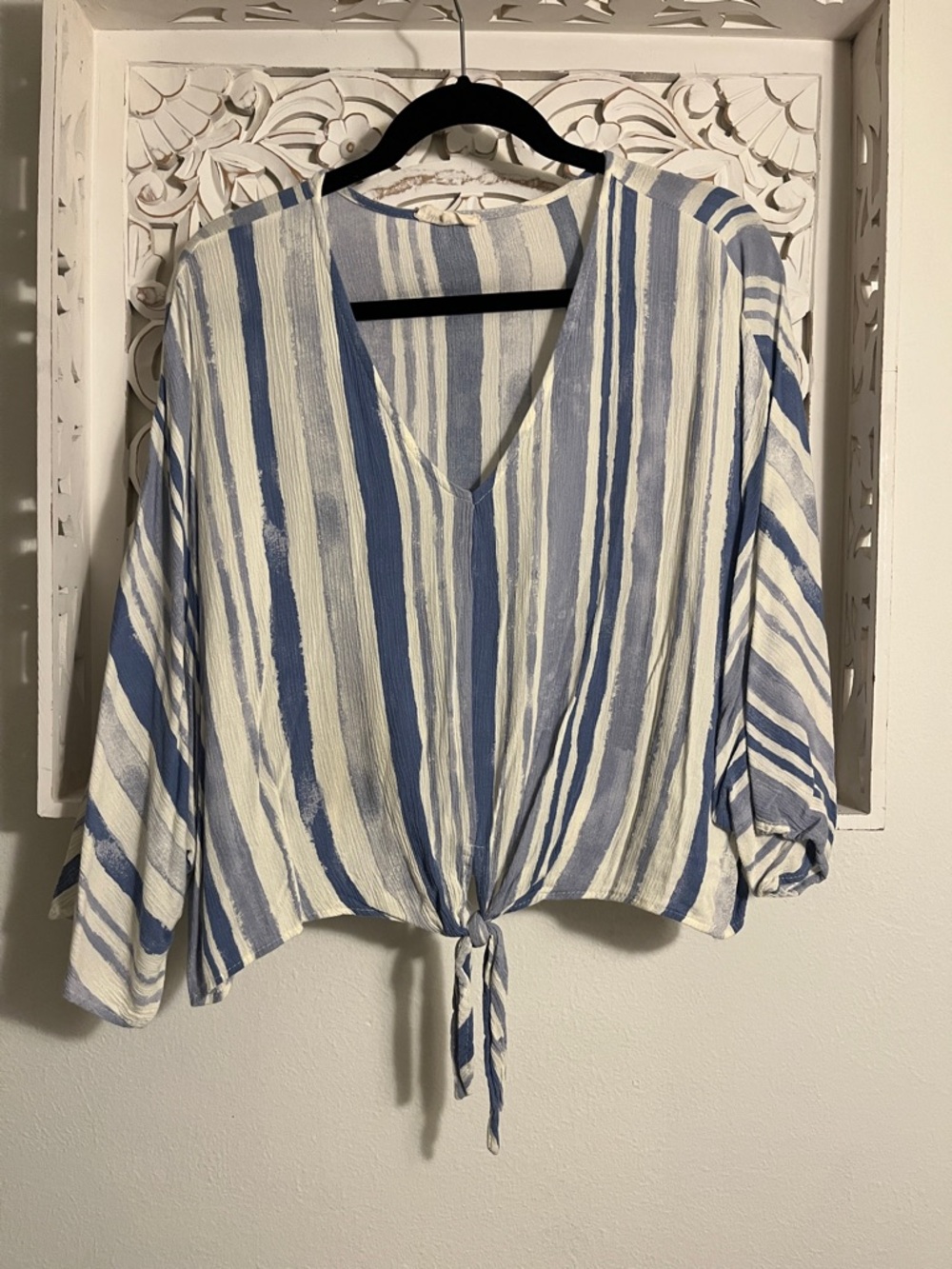 Millibon Blue & White Striped Tie-Front V-Neck Blouse
